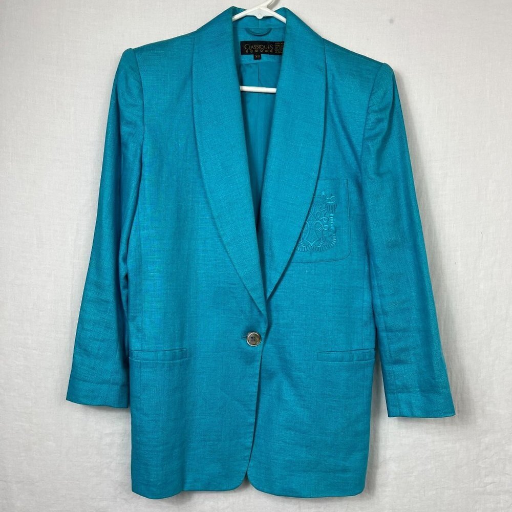 90s Classiques 100% Linen Longline Blazer Womens XS Oversized Bright Crest Retro